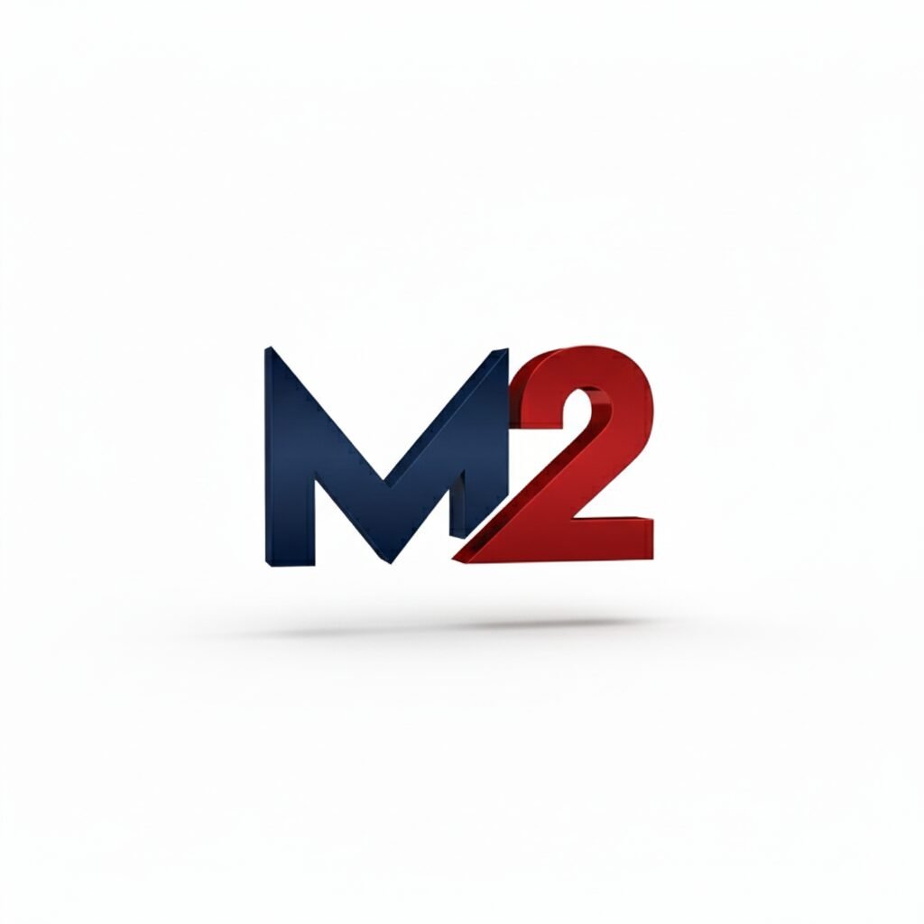 Logotipo da M2Pack Soluções em Frascos com a letra “M” em azul escuro e o número “2” em vermelho, representando a identidade visual da empresa.